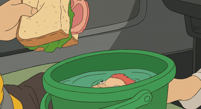Cartoon Person Holding Sandwich Over Green Bucket GIF