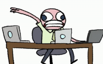 Cartoon Person Sitting At Desk With Two Laptops GIF