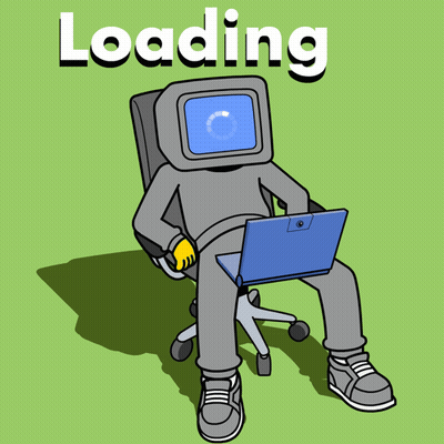 Cartoon Person Sitting In Office Chair With Laptop Saying Loading GIF