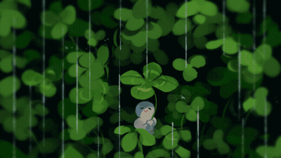 Cartoon Person Standing In Rain With Green Leaves GIF