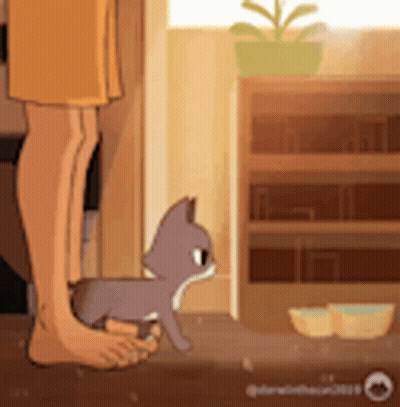 Cartoon Person Standing Next To Kitten GIF