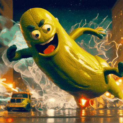 Cartoon Pickle Flying With Yellow Van GIF