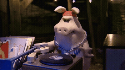 Cartoon Pig In Bandana And Chains Playing Record On Turntable GIF