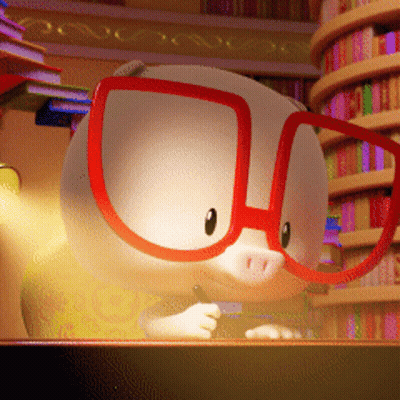Cartoon Pig In Red Glasses Looking Over Bookshelf GIF