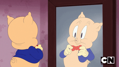Cartoon Pig Looking In Mirror With CN GIF