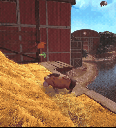 Cartoon Pig On Hay Pile Before Barn GIF
