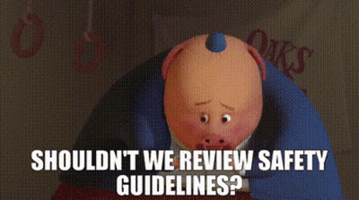 Cartoon Pig Sitting In Chair Saying Shouldn't We Review Safety Guidelines GIF