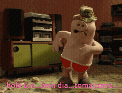 Cartoon Pig Standing In Room Saying Hola Evi Bon Dia Toma Toma GIF