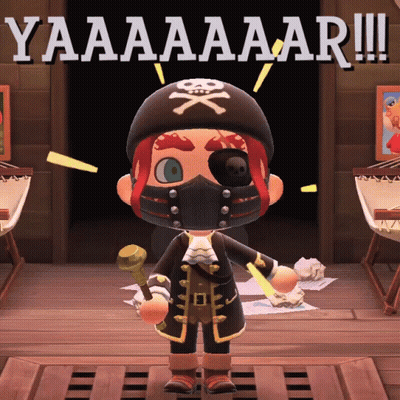 Cartoon Pirate Mask Standing In Front Of Yaaaaaaaar Sign GIF