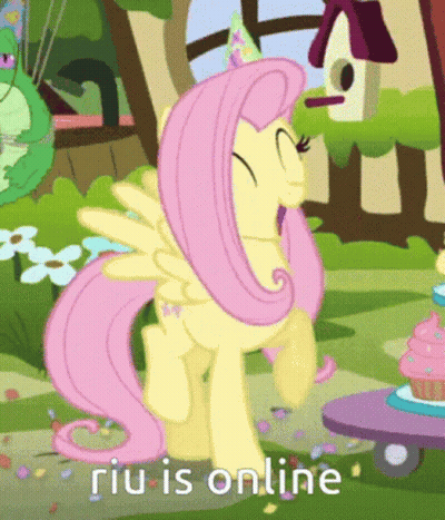 Cartoon Pony In Party Hat Saying Riu Is Online GIF