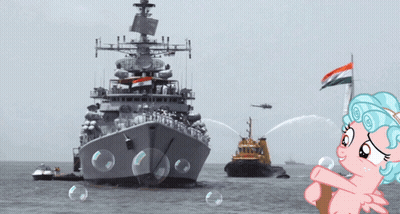 Cartoon Pony Standing In Front Of Ship In Ocean GIF