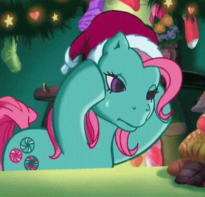 Cartoon Pony Wearing Santa Hat And Candy Canes GIF