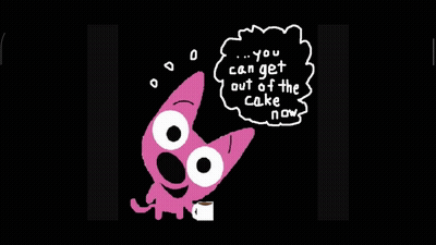 Cartoon Poops Character With Coffee Saying You Can Get Out Of The Cake Now GIF