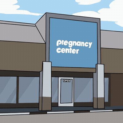 Cartoon Pregnancy Center With Open Sign GIF