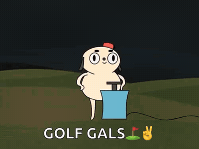 Cartoon Pumping Golf Ball With Golf Gals Above GIF