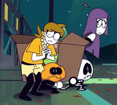 Cartoon Pumpkin And Skeleton In Cardboard Box GIF