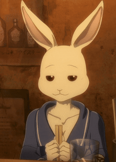 Cartoon Rabbit At Table With Chopsticks And Glass GIF