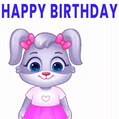 Cartoon Rabbit Holding Bouquet Saying Happy Birthday GIF