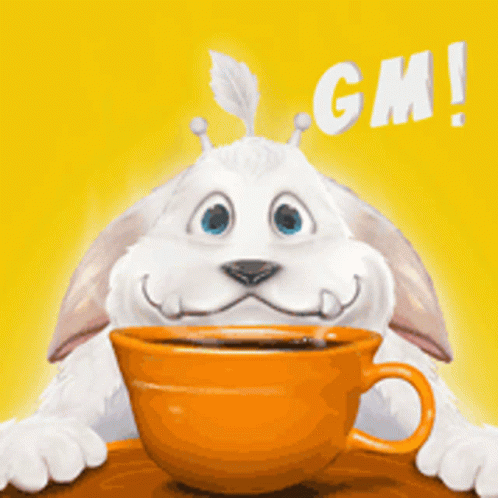 Cartoon Rabbit Holding Coffee With GM GIF
