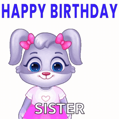 Cartoon Rabbit Holding Flowers Saying Happy Birthday Sister GIF