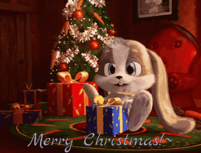Cartoon Rabbit Holding Gift In Front Of Christmas Tree GIF