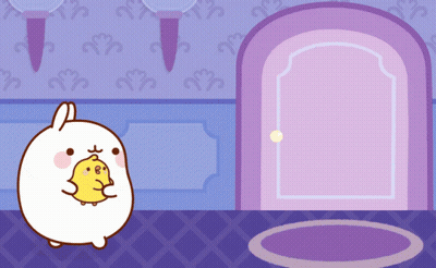 Cartoon Rabbit Holding Small Yellow Chicken In Front Of Purple Door GIF