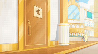Cartoon Rabbit In Front Of Building With Rabbit Sign GIF