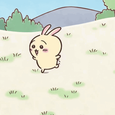 Cartoon Rabbit In Grass With Mountain GIF