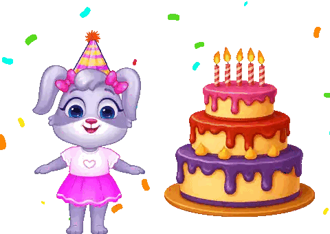 Cartoon Rabbit In Party Hat Next To Cake Sticker