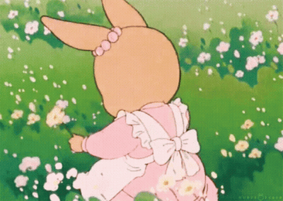 Cartoon Rabbit In Pink Dress Apron Walking Flowers GIF
