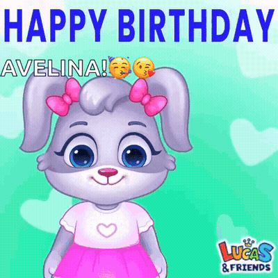 Cartoon Rabbit In Pink Skirt Says Happy Birthday Avelina GIF