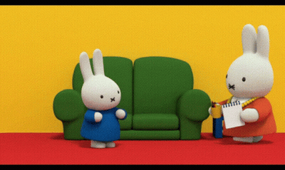 Cartoon Rabbit Next To Orange Bear With Sunglasses And Yellow Umbrella GIF