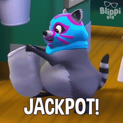 Cartoon Raccoon Wearing Mask Holding Jackpot Bag GIF