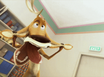 Cartoon Reindeer Holding Something In Mouth Before Exit Sign GIF