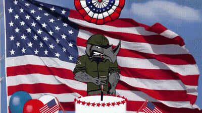 Cartoon Rhino With American Flag And Cake GIF