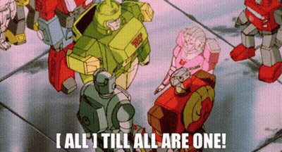 Cartoon Robot Calling All Autobots Holding Crane In Front Of City GIF
