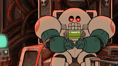 Cartoon Robot Drawing With Skulls On Wall GIF