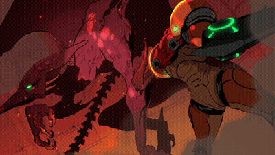 Cartoon Robot Fighting Monster With Samus Helmet GIF