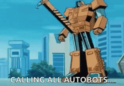 Cartoon Robot Holding Crane Saying Calling All Autobots GIF
