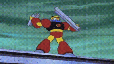 Cartoon Robot Holding Gun On Building GIF