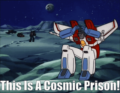 Cartoon Robot Saying This Is A Cosmic Prison GIF