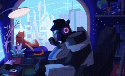 Cartoon Robot Sitting In Front Of Window With Cat GIF