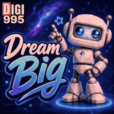 Cartoon Robot Standing In Front Of Digi 995 Dream Big Sign GIF