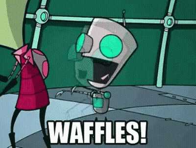 Cartoon Robot Standing Next To Woman Saying Waffles GIF