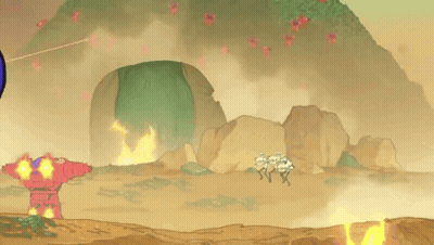 Cartoon Robot With Blue Helmet Standing In Front Of Mountain GIF