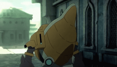 Cartoon Robot With Green Eye In Front Of Building With Arched Windows GIF