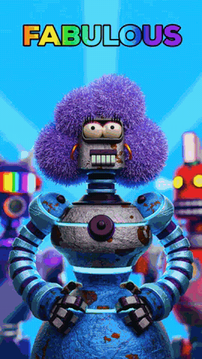 Cartoon Robot With Purple Afro Saying Fabulous GIF