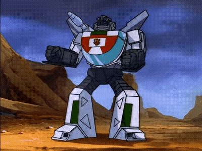 Cartoon Robot With Red And White Shield GIF