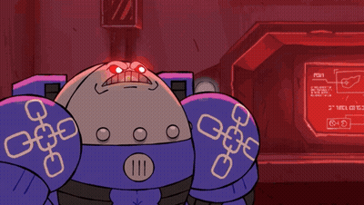 Cartoon Robot With Red Eyes And Green Device In Mouth GIF