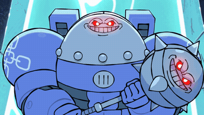 Cartoon Robot With Red Eyes And Number 111 On Chest GIF